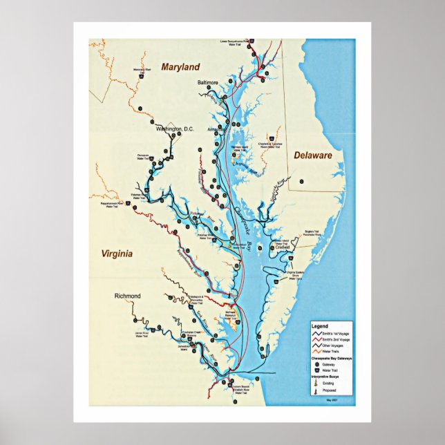 Poster Capitão John Smith Chesapeake Trails Map (Frente)
