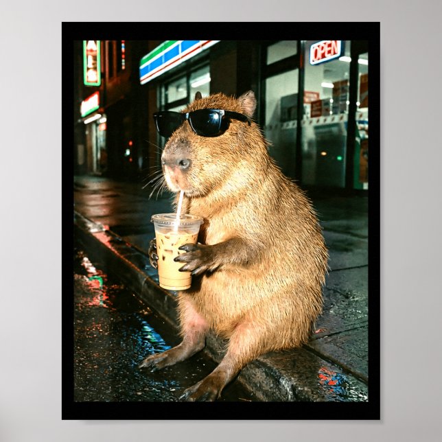 Poster Capivara bebendo café gelado, foto meme de capivar (Frente)