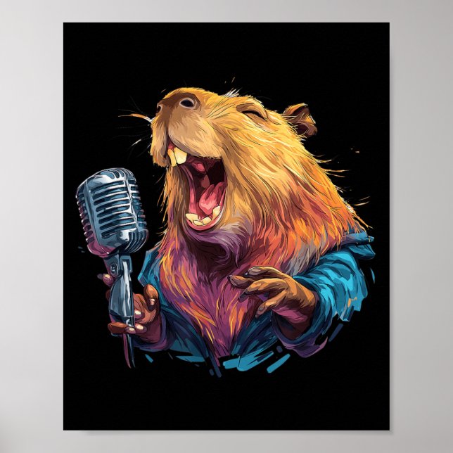 Poster Capivara Feliz Cantando com Microfone para Amantes (Frente)