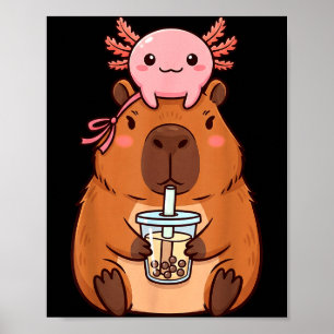 Poster Capivara Fofa Bebendo Chá de Boba Kawaii Axolote