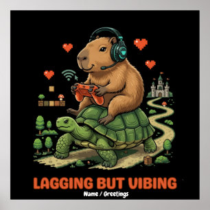Poster Capivara Gamer Engraçada e Tartaruga Vibrando Mesm
