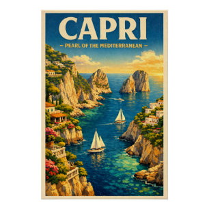 Pôster Cápri, Itália, em uma clássica viagem retrô