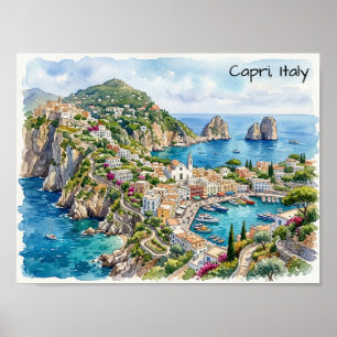 Poster Capri Itália Viagem Aquarela Viagem Minimalista