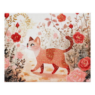 Pôster Caprichoso. Gato em um jardim de rosas.