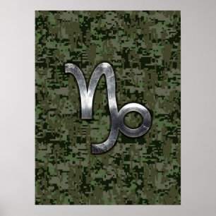 Pôster Capricorn Zodiac Sign on olive green digital camo