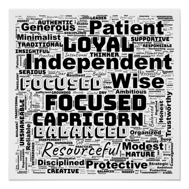 Pôster Capricorn Zodiac Word Cloud Inspiration (Frente)