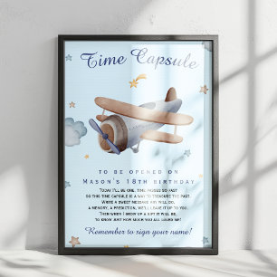 Poster Cápsula do Tempo do Avião Vintage Azul para 1º Ani