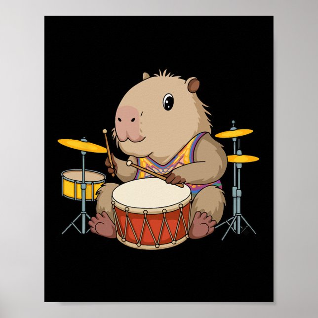 Poster Capybara Drummer Jogando Drums Rodents Funny Capyb (Frente)