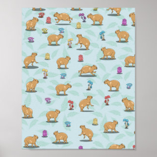 Poster Capybara e padrão de cogumelos