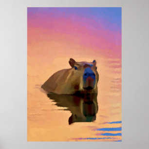 Poster Capybara Emergindo de um Lago Tranquilo