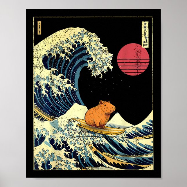 Poster Capybara Japanese Kanagawa Wave Funny Surf Animal  (Frente)