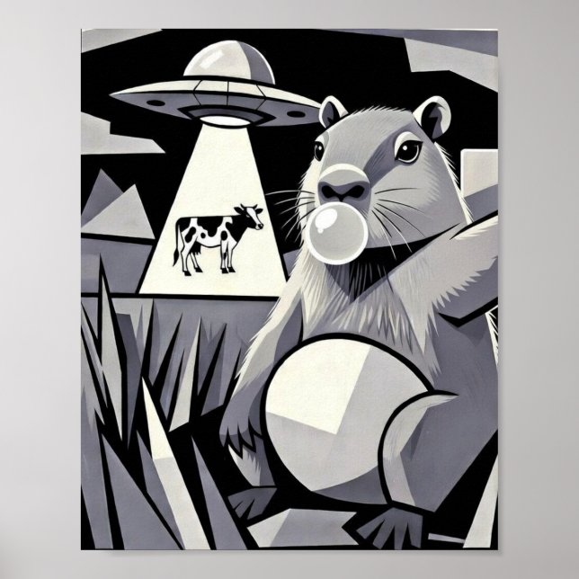 Poster Capybara Selfie UFO Cow Abduction Cubist Art (Frente)