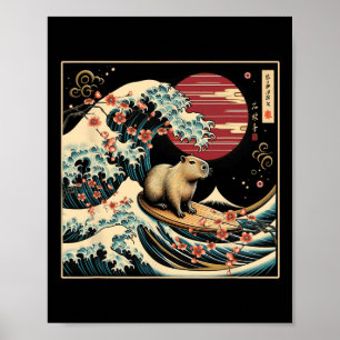 Poster Capyra Acenando Surf Japonês Arte Greatwave Sol