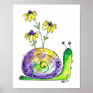 Poster Caracol Feliz Branca Com Flores Amarelas