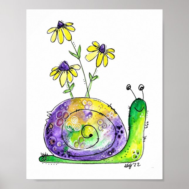 Poster Caracol Feliz Branca Com Flores Amarelas (Frente)
