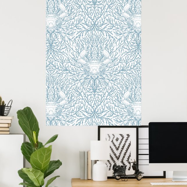 Poster Caranguejo e erva-do-mar, verão costeiro em branco (Escritório em casa)