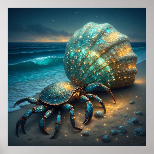Poster Caranguejo-Eremita com Concha Marinha Brilhante (Frente)