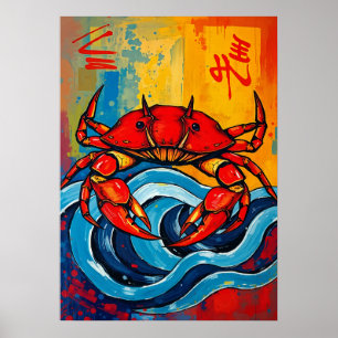 Poster Caranguejo Vermelho Ousado Arte de Onda Japonesa