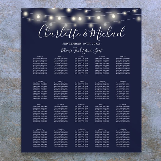 Poster Carateres Luzes Marinho Gráfico de Casamento Azul (String Lights Navy Blue Wedding Seating Chart)