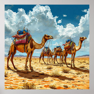 Poster Caravana de Camelos do Deserto Pôr do Sol Jornada 
