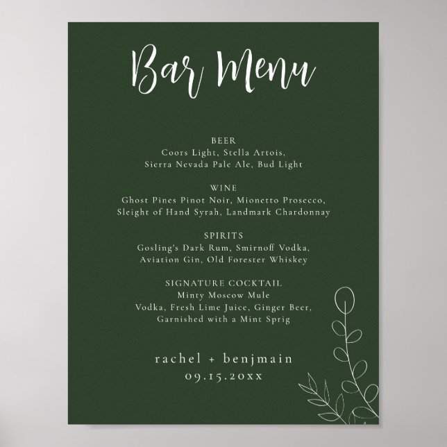 Poster Cardápio Bar Casamento Sage Verde Botânico Minimal (Frente)