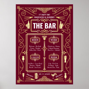 Poster Cardápio de Bar Aberto Dourado Burgundy Art Déco C