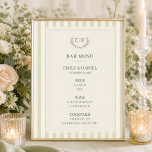 Poster Cardápio de Bar Casamento Monograma Listrado Verde