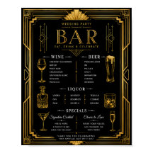 Cardápio de Bar de Casamento Art Deco Vinho Cervej