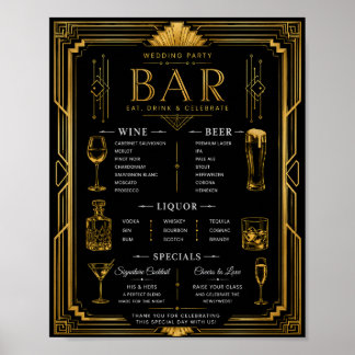 Poster Cardápio de Bar de Casamento Art Deco Vinho Cervej
