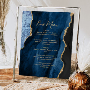 Poster Cardápio de Bar de Casamento Azul Naval Ágata Dour