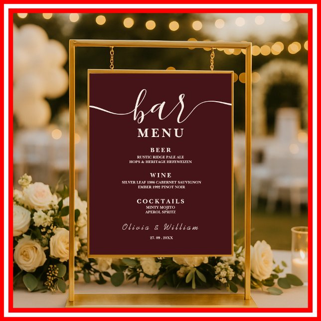Poster Cardápio de Bar de Casamento Borgonha (Criador carregado)
