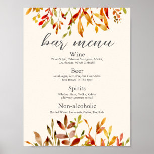 Poster Cardápio de Bar de Casamento de Outono Elegante co