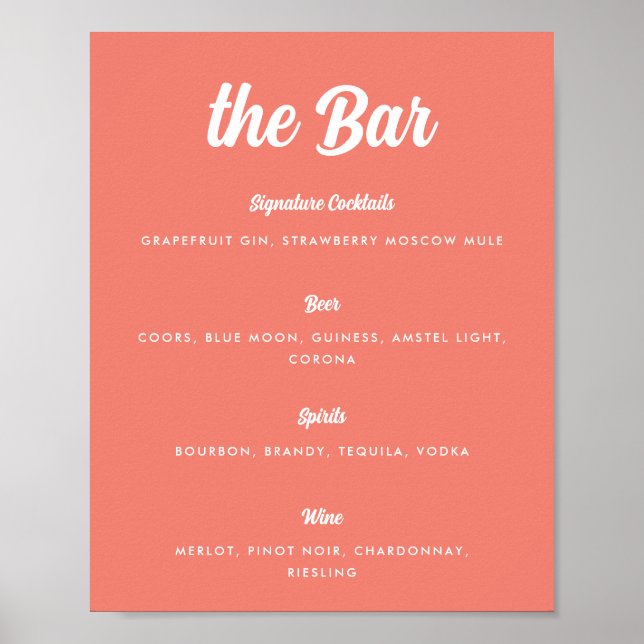 Poster Cardápio de Bar de Casamento em Letra Moderna Rosa (Frente)