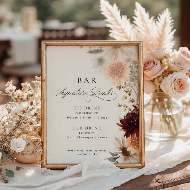 Poster Cardápio de Bar de Casamento Floral Outonal Borgon (Elegant Burgundy Fall Floral Signature Drinks Menu Sign)