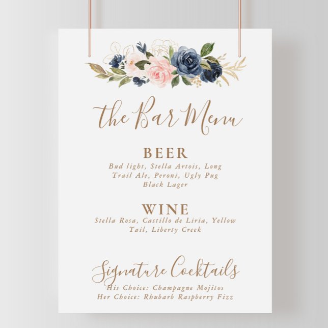 Poster Cardápio de Bar de Casamento Flores Rosa Azul Dour (Criador carregado)