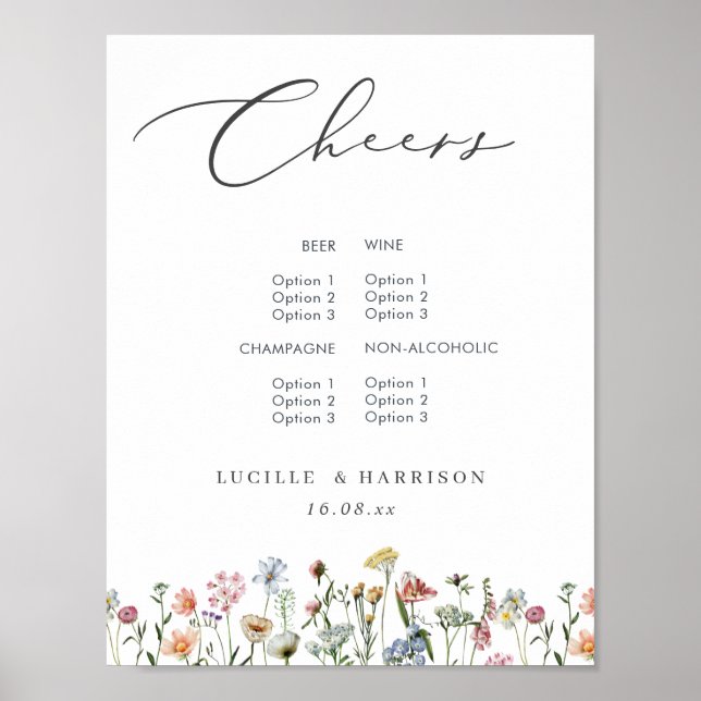 Poster Cardápio de Bar de Casamento Flores Selvagens Colo (Frente)