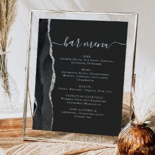 Poster Cardápio de Bar de Casamento Preto Prata Ágata Esc