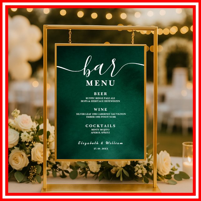 Poster Cardápio de Bar de Casamento Verde Esmeralda (Criador carregado)