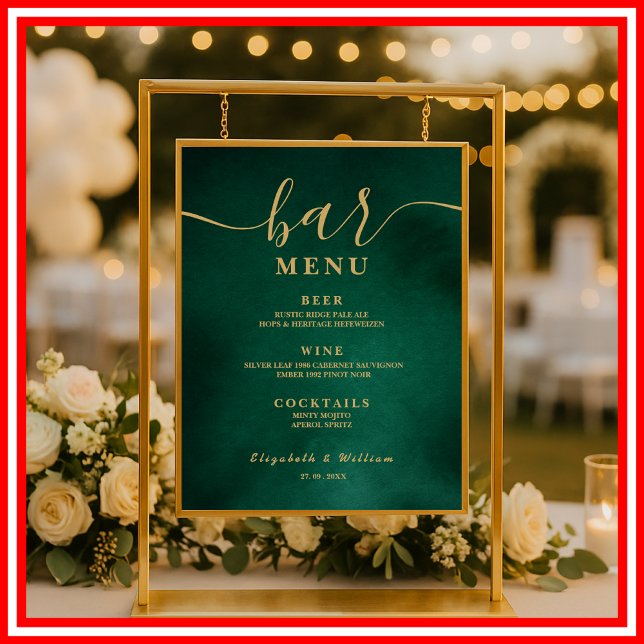 Poster Cardápio de Bar de Casamento Verde Esmeralda & Dou (Criador carregado)