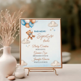 Poster Cardápio de Bar de Chá de Bebê Balão de Urso Azul