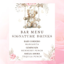 Cardápio de Bar de Chá de Bebê Urso Teddy Floral R