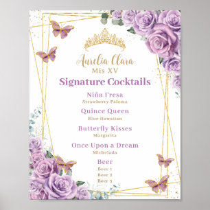 Poster Cardápio de Bar de Coquetéis Quinceanera Floral Li