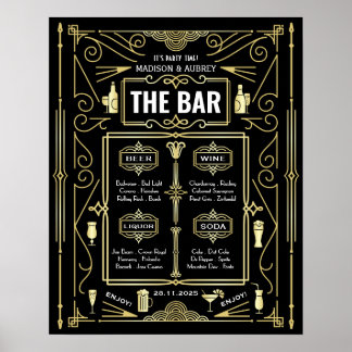 Poster Cardápio de Bar de Festa de Casamento Art Deco Vin