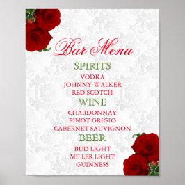 Pôster Cardápio de Bar para Casamento Floral Rosa Vermelh