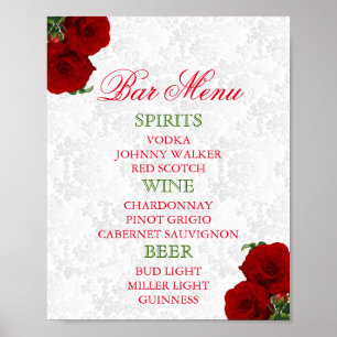 Pôster Cardápio de Bar para Casamento Floral Rosa Vermelh