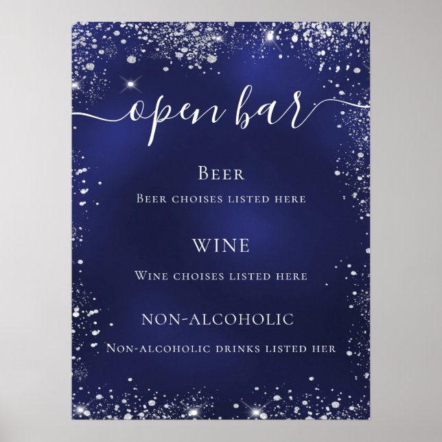 Poster Cardápio de barra de casamento azul marinho com br (Frente)