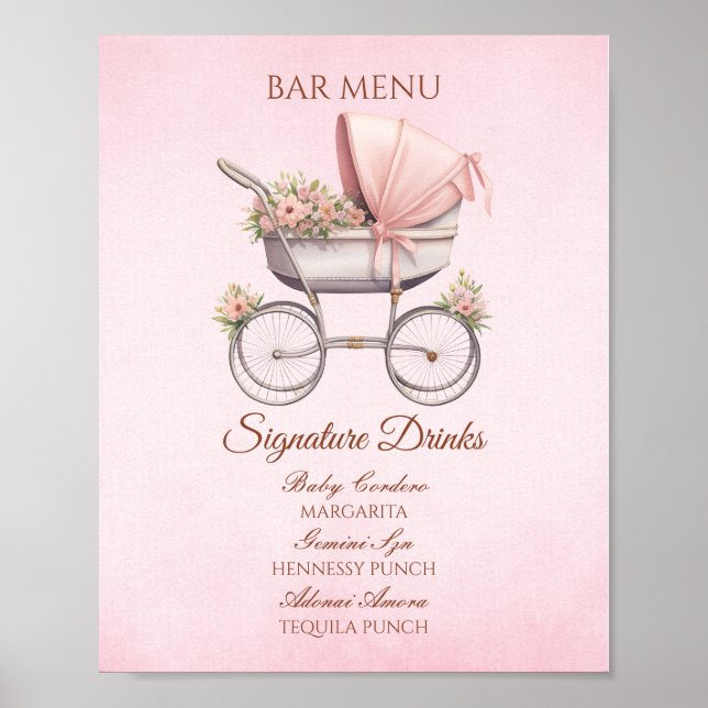 Poster Cardápio de Barraca de Carruagem de Bebê Rosa Vint (Frente)