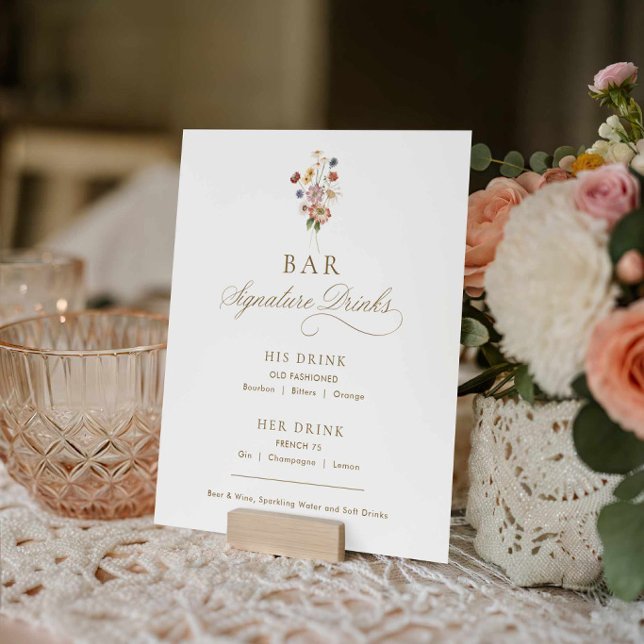 Poster Cardápio de Bebida de Assinatura Casamento Flor Si (Wildflower Wedding Bar Sign)