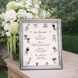 Poster Cardápio de Bebidas de Bar de Casamento Desenhado
