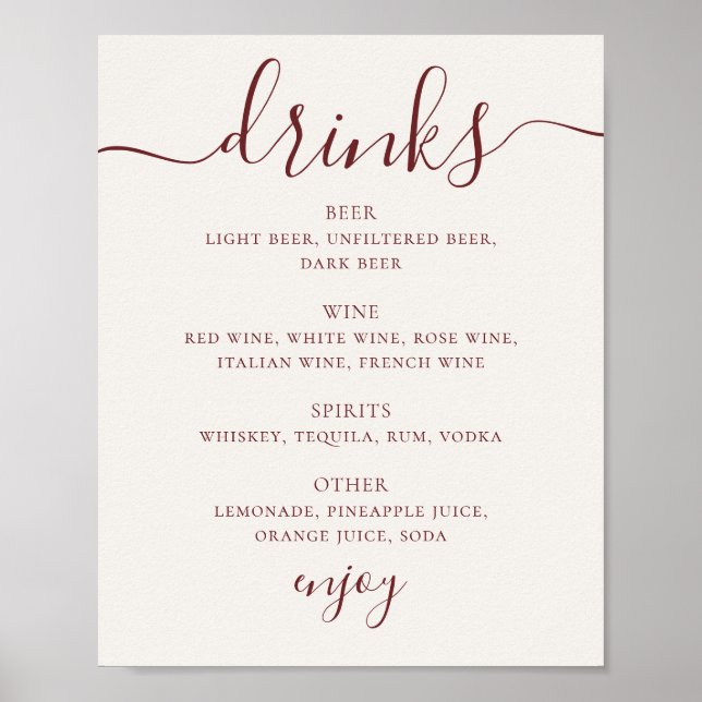 Poster Cardápio de Bebidas de Casamento em Marfim Macio | (Frente)